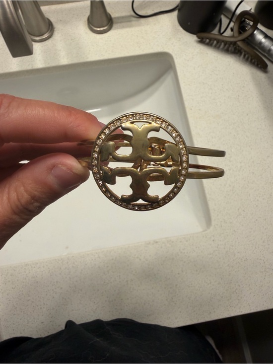 Tory Burch Accessories - Tory Burch Gold-Tone Logo Disc Cuff Bracelet with Crystal Accent